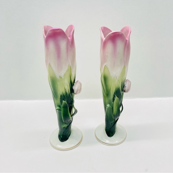 Vintage 2 Lefton Hand Painted Pink & Green Bud Vases Japan Tiny Crazing on Base - Picture 4 of 10